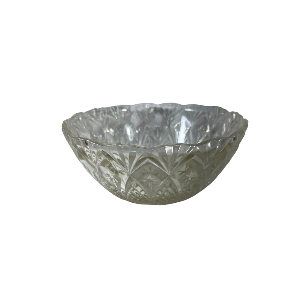 VTG Clear Glass Berry Bowl Pineapple And Stars Scalloped Rim Heavy Yellow Tint
